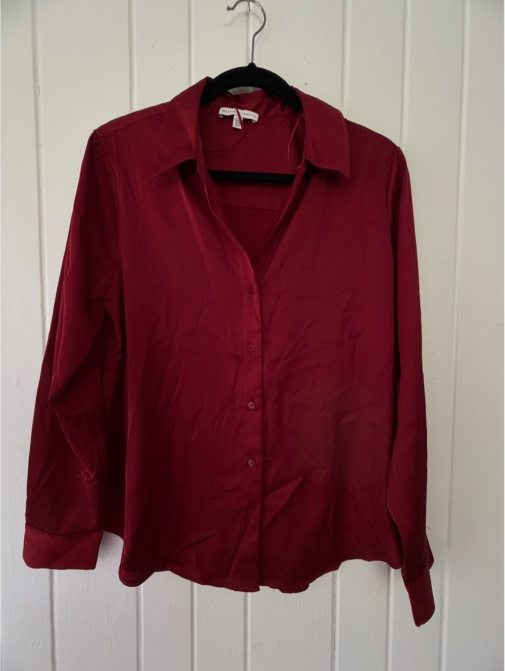 Maison d'Amélie Women's Burgundy Satin Button-Up Blouse Size M Polyester Blend